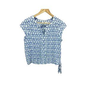 Vineyard Vines Womens Casual Top Blue White Geometric Cap Sleeve Notch Neck 10
